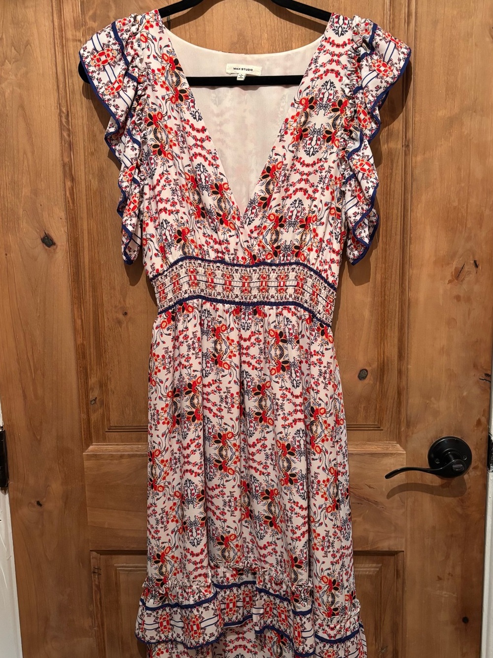 Floral V-Neck Midi Dress in Red, White and Blue